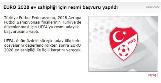 Son Dakika: TFF, 2028 Avrupa Futbol Şampiyonası'nın Türkiye'de düzenlenmesi için resmi müracaatta bulundu